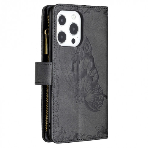 Flying Butterfly Modèle de gaufrage Zipper Horizontal Flip Cuir Toot avec porte-carte et portefeuille pour iPhone 13 PRO (Noir) SH003D655-07