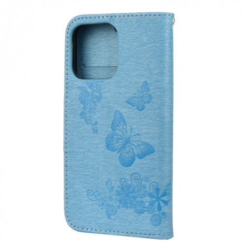 Modèle de papillon floral en relief Vintage Horizontal Flip Coating avec fente et portefeuille et portefeuille et longe pour iPhone 13 Pro (Bleu) SH704C1309-07