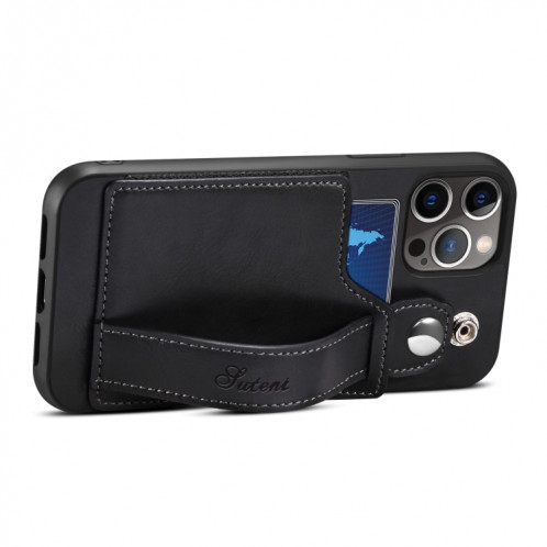 TPU + étui de protection antichoc sur le cuir PU avec des fentes pour cartes et une sangle à main pour iPhone 13 (noir) SH702A536-05