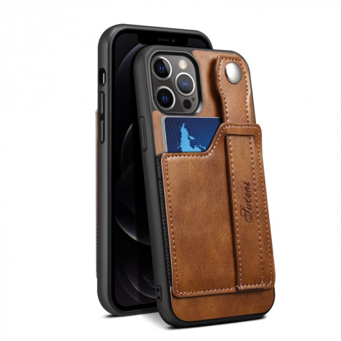 TPU + étui de protection antichoc sur le cuir PU avec des fentes de cartes et une sangle à main pour iPhone 13 Pro (Brown) SH703C238-05