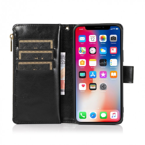 Étui de cuir horizontal de texture horizontal de texture de texture de cheval et de portefeuille et portefeuille à glissière pour iPhone 13 Pro (Noir) SH203C1793-07