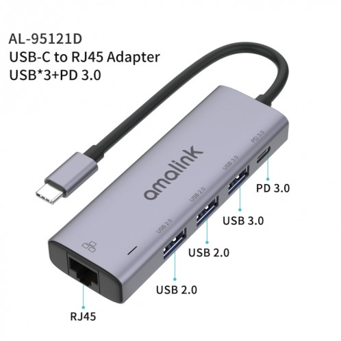 Amalink 95121D Type-C / USB-C à RJ45 + 3 ports HUB Multi-Fonctionnement USB + PD 3.0 (gris) SA001A579-07