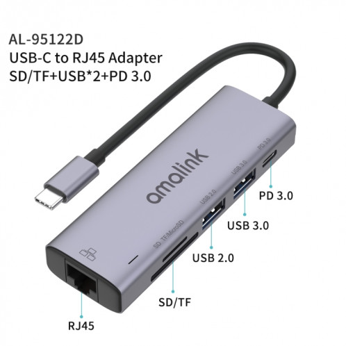 Amalink 95122D Type-C / USB-C sur RJ45 + 2 ports HUB Multi-Fonctionnement USB + PD 3.0 (gris) SA201A886-07