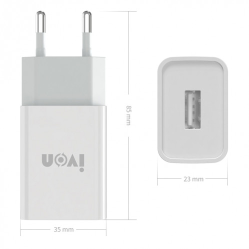 Ivon Ad-33 2 en 1 2.1a Chargeur de voyage à port USB unique + 1M USB à micro-câble de données USB de données USB, prise EU (Blanc) SI201A1144-07