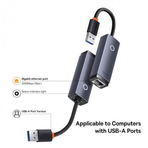 Adaptateur Ethernet de BaseUS Lite Series 1000MBPS Port Lan USB-A à RJ45 (gris) SB101A1389-08