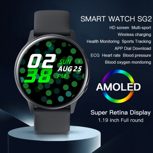SG2 1,2 pouce Smart Watch à écran amoled, IP68 IP68, support Music Control / Bluetooth Photograph / Tente cardiaque / surveillance de la pression artérielle (noir) SH101A726-013