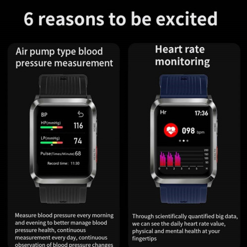La montre intelligente de pompe à air S6T 1,7 pouces prend en charge la détection de la fréquence cardiaque, la détection de la pression artérielle, la détection de l'oxygène sanguin (noir) SH001A1774-07