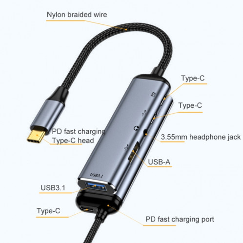 Y003 5 en 1 USB-C/Type-C vers USB3.1 + USB2.0 + Double USB-C/Type-C + Adaptateur multifonctionnel d'interface audio 3,5 mm SH89211748-07