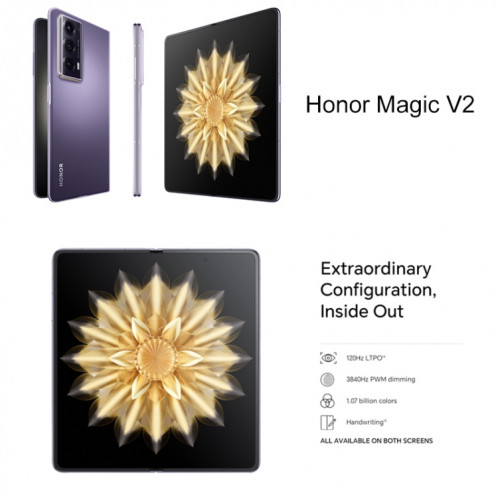 Honor Magic V2 5G, 16 Go + 256 Go, 7,92 pouces + 6,43 pouces MagicOS 7.2 Snapdragon 8 Gen2 Octa Core jusqu'à 3,36 GHz, réseau : 5G, OTG, ne prend pas en charge Google Play (violet soie) SH301B1043-011