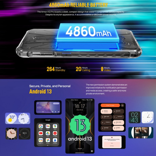  Ulefone Armor X12 Pro, 4 Go + 64 Go, téléphone robuste IP68/IP69K, 5,45 pouces Android 13 MediaTek Helio G36 Octa Core, réseau : 4G, NFC (tout noir) SU801C597-016