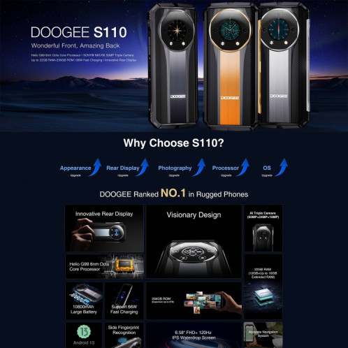  DOOGEE S110, 12 Go + 256 Go, IP68/IP69K/MIL-STD-810H, 6,58 pouces Android 13 MediaTek MT6789 Helio G99 Octa Core, Réseau : 4G, OTG (Or) SD101B437-020