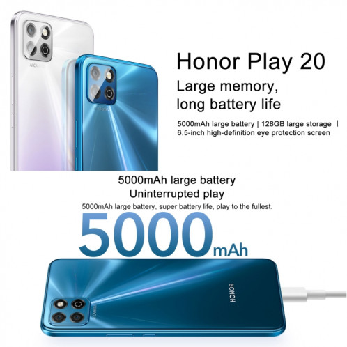 Honor Play 20a, 6 Go + 128 Go, 6,517 pouces Magic UI 6.1 MediaTek Helio G85 Octa Core jusqu'à 2,0 GHz, réseau : 4G, ne prend pas en charge Google Play (argent titane) SH001C1061-09
