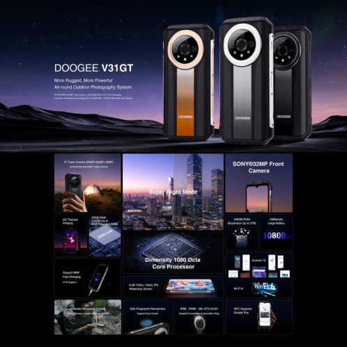 DOOGEE V31 GT, 12 Go + 256 Go, caméra d'imagerie thermique, empreinte digitale latérale, batterie 10800 mAh, 6,58 pouces Android 13 Dimensity 1080 Octa Core, réseau : 5G, OTG, NFC, prise en charge SD501C1425-025