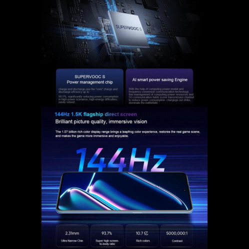 Realme GT Neo5 SE, 16 Go + 1 To, 5 500 mAh, 6,74 pouces Realme UI 4.0 / Android 13 Snapdragon 7+ Gen 2 Octa Core jusqu'à 2,91 GHz, NFC, réseau : 5G (dégradé) SR502A1108-014