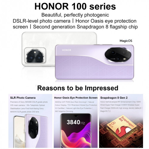 Honor 100 Pro, 12 Go + 256 Go, identification par empreinte digitale à l'écran, 6,78 pouces MagicOS 7.2 Snapdragon 8 Gen 2 Octa Core jusqu'à 3,19 GHz, réseau : 5G, NFC, OTG, ne prend pas en charge Google Play SH001C552-014