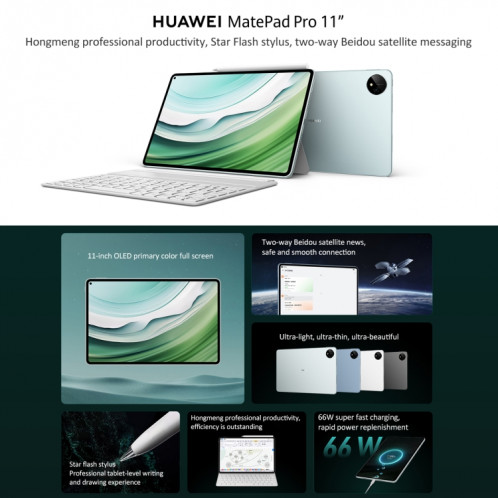 HUAWEI MatePad Pro 11 pouces 2024 WiFi, 12 Go + 512 Go, communication par satellite bidirectionnelle HarmonyOS 4 Beidou, ne prend pas en charge Google Play (Cyan) SH602D406-011