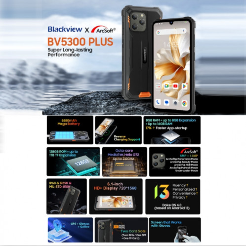  Blackview BV5300 Plus, 8 Go + 128 Go, IP68/IP69K/MIL-STD-810H, 6,1 pouces Android 13 MediaTek Helio G72 Octa Core, réseau : 4G, OTG (vert) SB401C853-018