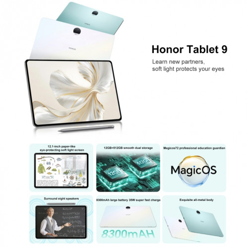 Honor Tablet 9 12,1 pouces WiFi, lumière douce 12 Go + 256 Go, MagicOS 7.2 Snapdragon 6 Gen1 Octa Core 2,2 GHz (blanc) SH303B1812-014