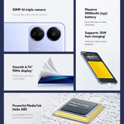  Xiaomi POCO C65 Global, 8 Go + 256 Go, 6,74 pouces MIUI 14 MediaTek Helio G85 Octa Core 2,0 GHz, NFC, réseau : 4G (violet) SX701B1658-06