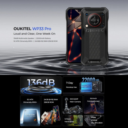  Oukitel WP33 Pro, 12 Go + 256 Go, IP68/IP69K, identification par empreinte digitale, 22 000 mAh, 6,6 pouces MediaTek Dimensity 6100+ Octa-core, NFC, OTG, réseau : 5G (noir) SO301A433-014