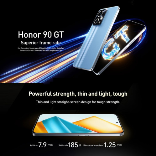 Honor 90 GT, 24 Go + 1 To, 6,7 pouces Magic OS 7.2 Snapdragon 8 Gen 2 Octa Core jusqu'à 2,84 GHz, réseau : 5G, OTG, NFC, prise en charge de Google Play (bleu) SH104A523-09