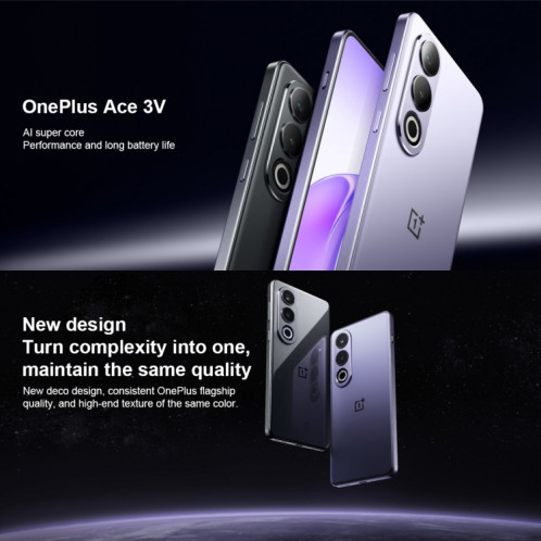 OnePlus Ace 3V AI, 12 Go + 256 Go, 6,74 pouces ColorOS 14.0 / Android 14 Snapdragon 7+ Gen3 Octa Core 2,8 GHz, NFC, réseau : 5G (gris) SO401B778-014