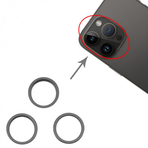 Pour iPhone 14 Pro 3 pièces caméra arrière lentille en verre métal extérieur protecteur anneau de cerceau (noir) SH005B975-04