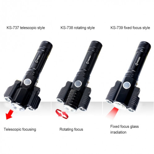 KS-739 Lampe de poche à DEL à focale fixe T6 + XPE étanche à chargement USB avec batterie au lithium 4 modes et 18650 SH8806371-011