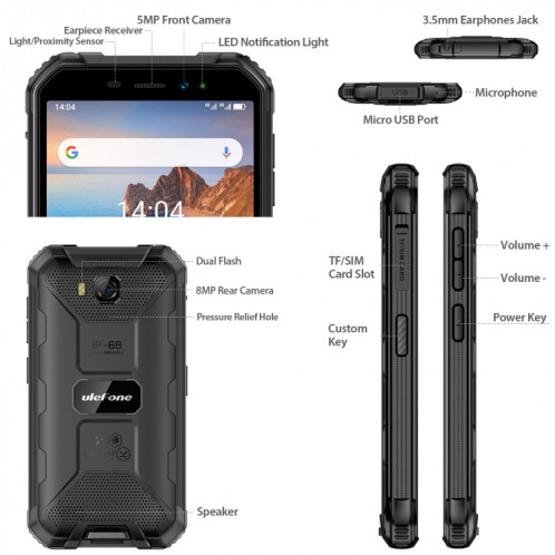  Téléphone robuste Ulefone Armor X6, 2 Go + 16 Go, IP68 / IP69K étanche à la poussière, antichoc, identification du visage, batterie 4000mAh, 5,0 pouces Android 9.0 MTK6580A / W Quad Core jusqu'à 1,3 SU386E1472-030