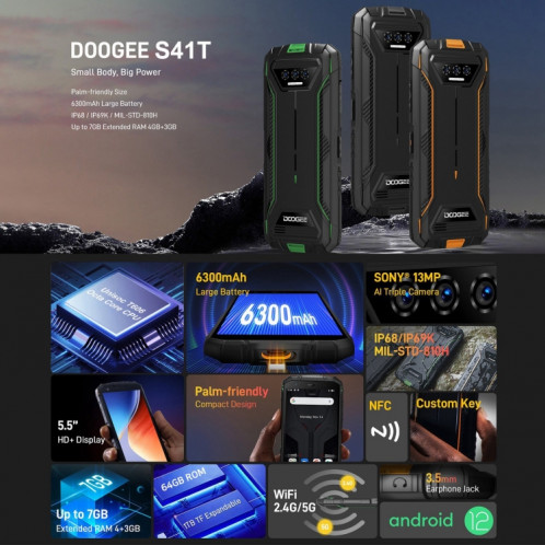  Téléphone robuste DOOGEE S41 Pro, 4 Go + 32 Go, IP68/IP69K étanche à la poussière et aux chocs, triple caméras arrière AI, batterie 6300 mAh, 5,5 pouces Android 12.0 MediaTek Helio A22 Quad Core, SD404G203-013