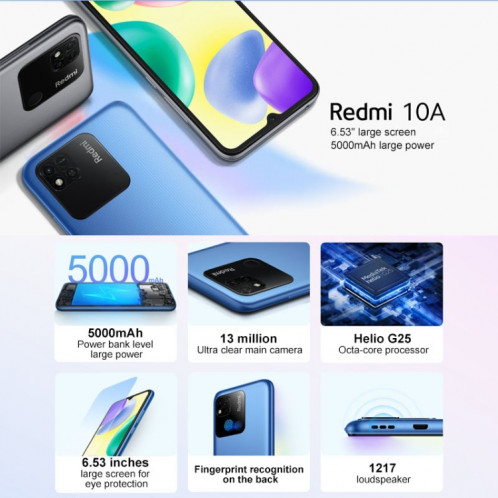 Xiaomi Redmi 10A, 4 Go + 64 Go, Batterie 5000 mAh, identification faciale, 6,53 pouces MIUI 12,5 MTK Helio G25 Octa Core jusqu'à 2,0 GHz, réseau : 4G, double SIM, prise en charge de Google Play (argent) SX066S1937-07
