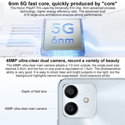 Honor Play6T Pro 5G TFY-AN40, 8 Go + 256 Go, version chinoise, Caméras arrière doubles, identification d'empreintes digitales latérales, batterie 4000 mAh, 6,7 pouces Magic UI 5.0 (Android 11) MediaTek Dimensity 810 SH079J22-07