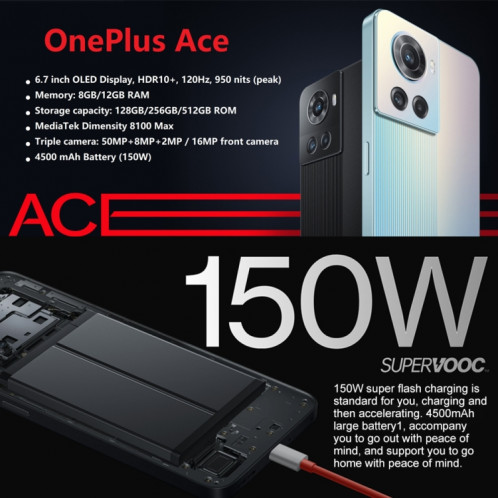 OnePlus Ace 5G, appareil photo 50 MP, 12 Go + 256 Go, Caméras triple arrière, batterie 4500 mAh, identification d'empreintes digitales à l'écran, 6,7 pouces ColorOS 12.1 MediaTek Dimensity 8100 Max Octa Core jusqu'à SO087L769-07