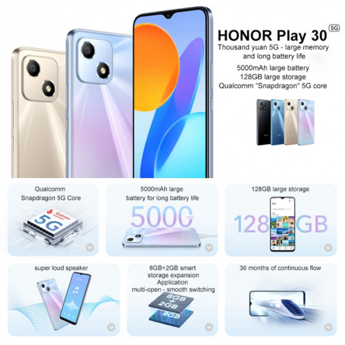 Honor Play 30 5G VNE-AN00, 4 Go + 128 Go, version chinoise, Identification du visage, 5000 mAh, 6,5 pouces Magic UI 5.0 / Android 11 Qualcomm Snapdragon 480 Plus Octa Core jusqu'à 2,2 GHz, réseau : 5G, ne prend pas en SH105J1541-06