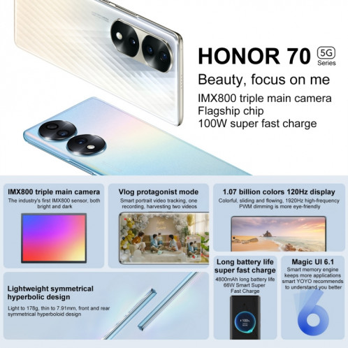 Honor 70 5G FNE-AN00, appareils photo 54MP, 12 Go + 512 Go, version chinoise, Caméras triple arrière, identification des empreintes digitales de l'écran, 6,67 pouces Magic UI 6.1 Qualcomm Snapdragon 778G Plus Octa SH142S862-07