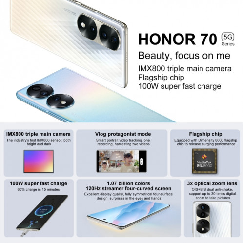 Honor 70 Pro 5G SDY-AN00, appareils photo 54MP, 8 Go + 256 Go, version chinoise, Caméras triple arrière, identification des empreintes digitales de l'écran, 6,78 pouces Magic UI 6.1 Dimensity 8000 Octa Core jusqu'à SH143S1918-07