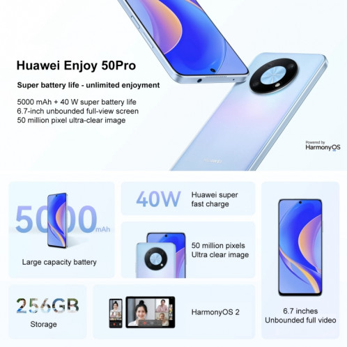 Huawei Enjoy 50 Pro CTR-AL00, 128 Go, appareil photo 50 MP, version chinoise, Caméras triple arrière, identification d'empreintes digitales latérales, 6,7 pouces HarmonyOS 2.0.1 Qualcomm Snapdragon 680 Octa Core SH237L930-07