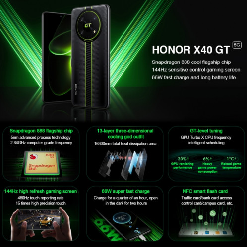 Honor X40 GT 5G ADT-AN00, caméras 50MP, 8 Go + 256 Go, version chinoise, Caméras triple arrière, identification d'empreintes digitales latérales, batterie 4800 mAh, 6,81 pouces Magic UI 6.1 / Android 12 Snapdragon SH270S1395-09