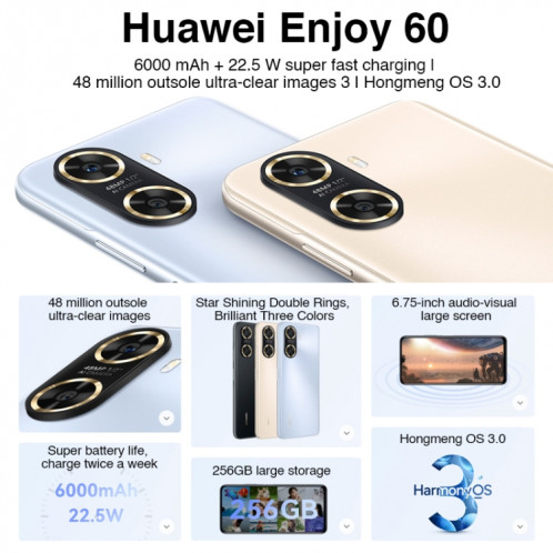 Huawei Enjoy 60 256 Go MGA-AL40, appareils photo 48 MP, version Chine, Double caméra arrière, identification du visage et identification des empreintes digitales latérales, batterie 6000 mAh, 6,75 pouces HarmonyOS 3.0 SH430B262-010