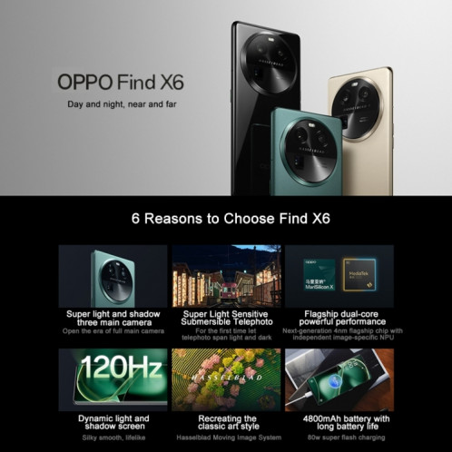 OPPO Find X6 5G, 16 Go + 512 Go, appareil photo 50MP, version chinoise, Triple caméras arrière, 6,74 pouces ColorOS 13.1 Dimensity 9200 Octa Core jusqu'à 3,05 GHz, réseau : 5G, prise en charge de Google Play SO43NB1836-014