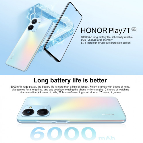 Honor Play7T RKY-AN10, appareil photo 50MP, 8 Go + 256 Go, version chinoise, Caméras arrière doubles, identification d'empreintes digitales latérales, batterie 6000 mAh, 6,74 pouces Magic UI 6.1 / Android 12 Dimensity SH473L175-011