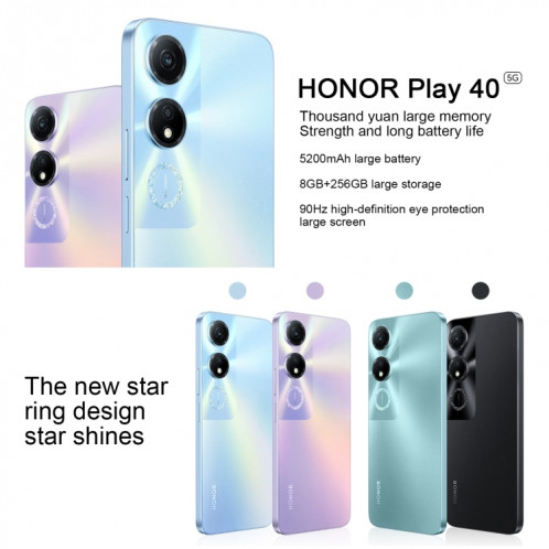 Honor Play 40 5G WDY-AN00, 6 Go + 128 Go, version chinoise, Identification faciale et identification d'empreintes digitales latérales, 5200 mAh, 6,56 pouces MagicOS 7.1 / Android 13 Qualcomm Snapdragon 480 Plus Octa SH06QC1077-09
