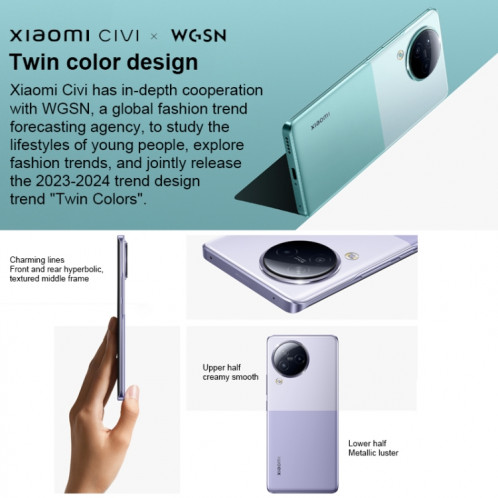 Xiaomi Civi 3 5G, appareil photo 50MP, 12 Go + 512 Go, Caméras arrière triples + caméras frontales doubles, identification d'empreintes digitales à l'écran, batterie 4500 mAh, MIUI 6,55 pouces 14 Dimensity SX828J246-012