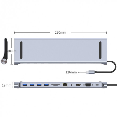 Ad-059 11 en 1 USB-C / Type-C à 4K HDMI + VGA + SD / TF Slot + SD / TF Ethernet + 3.5mm AUX + USB-C / TYPE-C + 4 USB 3.0 Hub de station d'accueil multifonctionnel multifonctionnel SH0088824-04