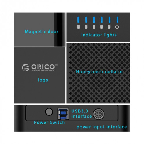 ORICO DS500U3 Boîtier de disque dur USB 3.0 de type magnétique à 5 baies avec indicateur DEL bleu SO0313168-012
