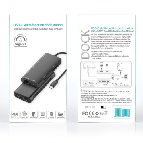 9591C 8 en 1 Carte USB 3.0 x3 + SD / TF + HDMI + RJ45 + TYPE-C / USB-C (PD) Station de conversion de hub multifonctions Station d'accueil (Noir) SH081B45-07