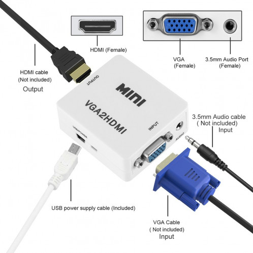 HD 1080P HDMI Mini VGA vers HDMI Scaler Box Convertisseur Audio Vidéo Numérique (Blanc) SH12411654-08
