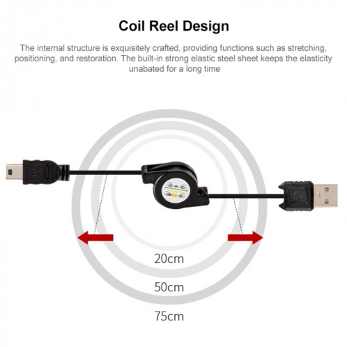 Câble USB 2.0 vers Mini 5 broches USB pour données rétractable et chargeur pour Motorola V3 / téléphone portable / MP3 / MP4 / appareil photo numérique / GPS, longueur: 10 cm (peut être étendu à 80 cm), noir SH0517649-06