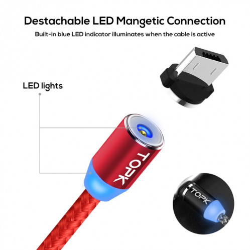 TOPK AM23 1m 2.4A Max USB vers Micro USB Câble de Charge Magnétique Tressé en Nylon avec Indicateur LED(Rouge) ST482R1506-08