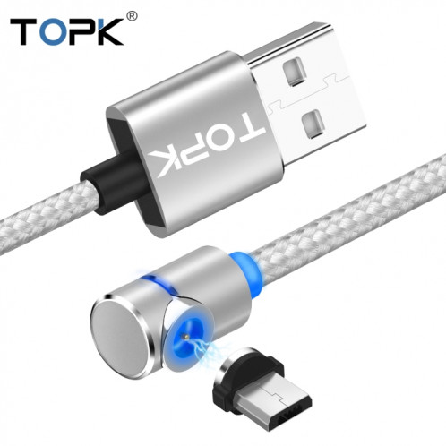 TOPK AM30 Câble de charge magnétique coudé à 90 degrés USB vers micro USB 2 m 2,4 A max avec indicateur LED (argent) ST485S86-010